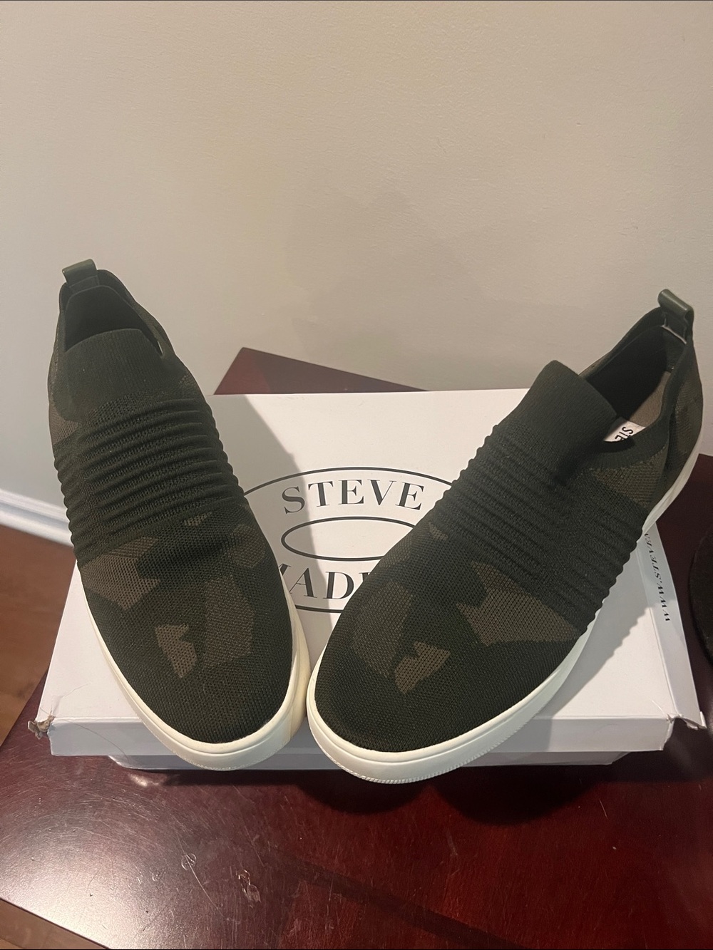 Steve Madden Women’s Slip-On Knit Sneakers in Olive Camo with White Sole